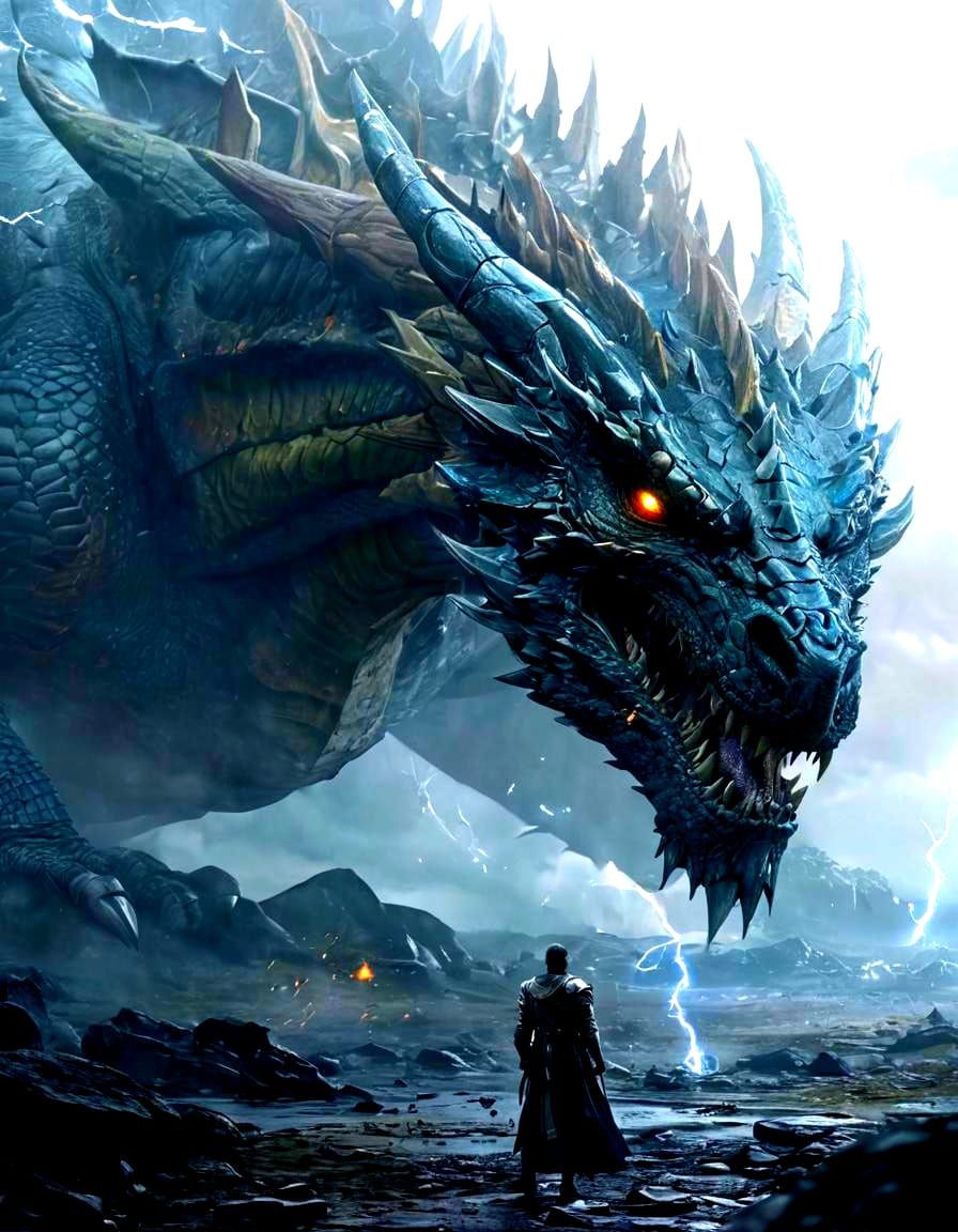 Dragon and Paladin Battle in Lightning Storm