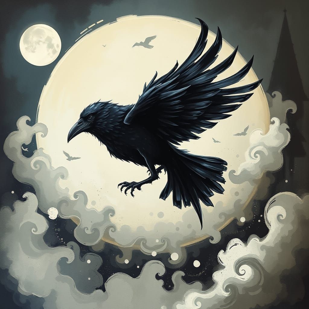 Whimsical Crow in Dynamic Flight, Eerie Fantasy