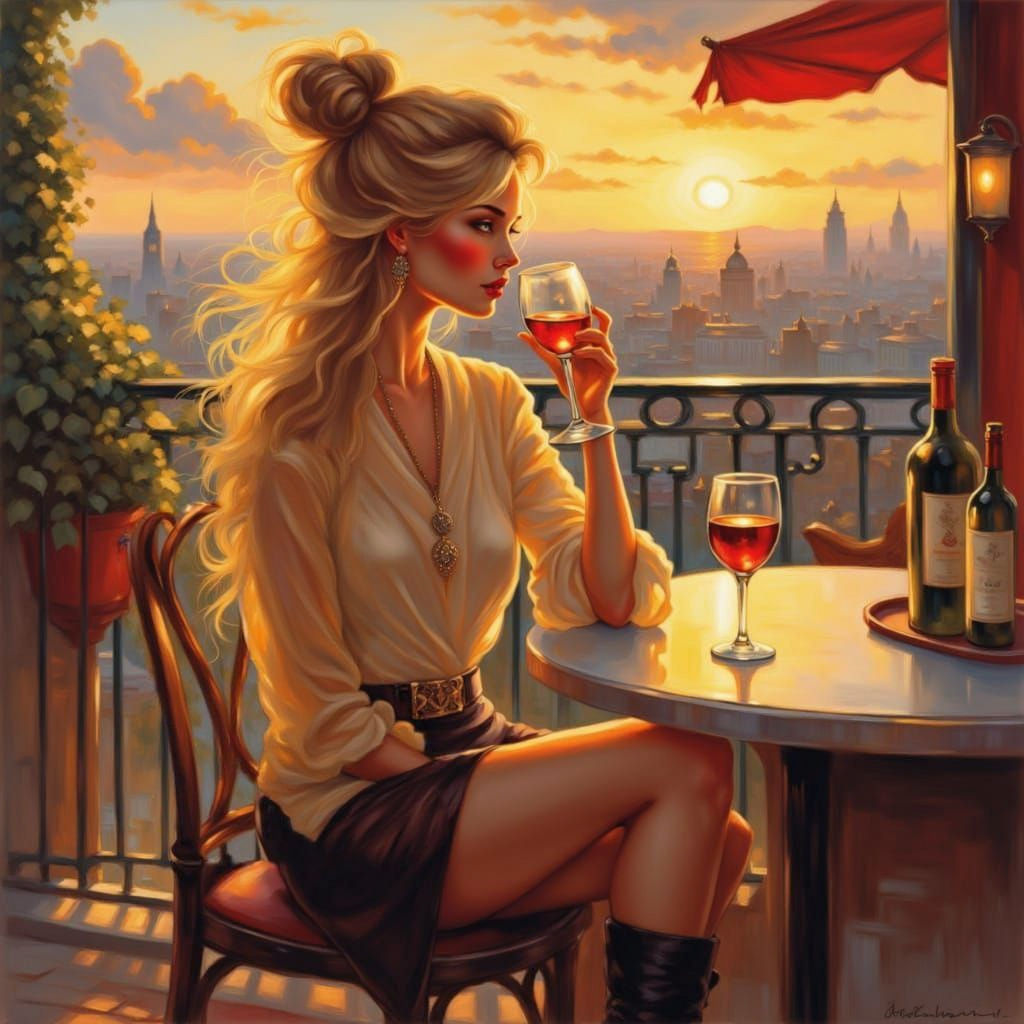 Woman in Terrace Bar with Wine and Jewelry