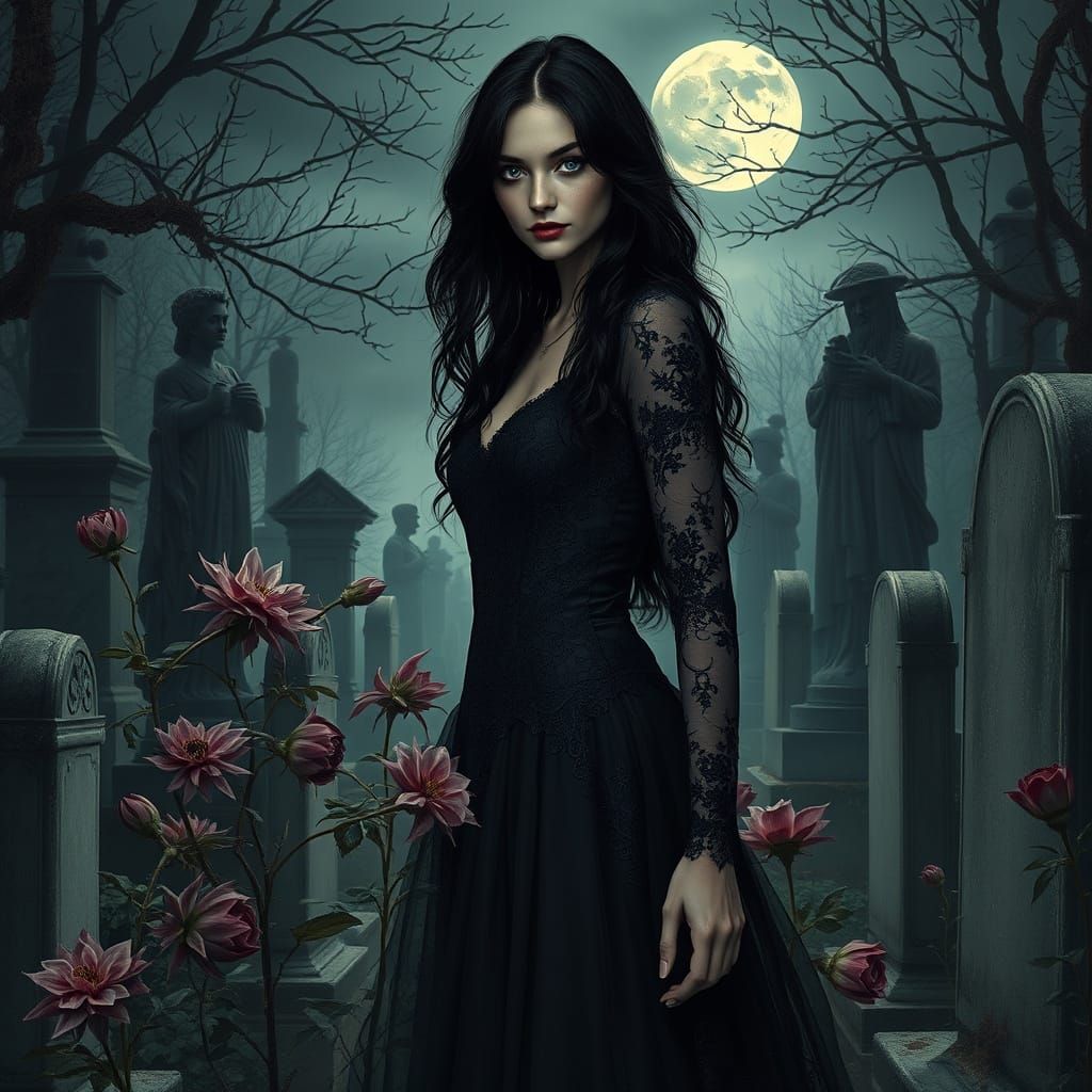 Gothic Woman in Moonlit Garden: A Dark Romantic Vision