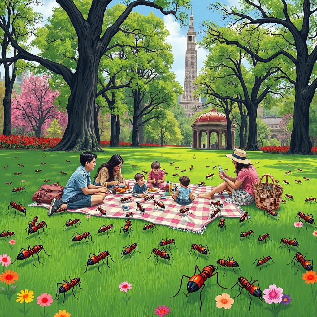 Dreamlike Family Picnic in Central Park with Surrealist Twis...