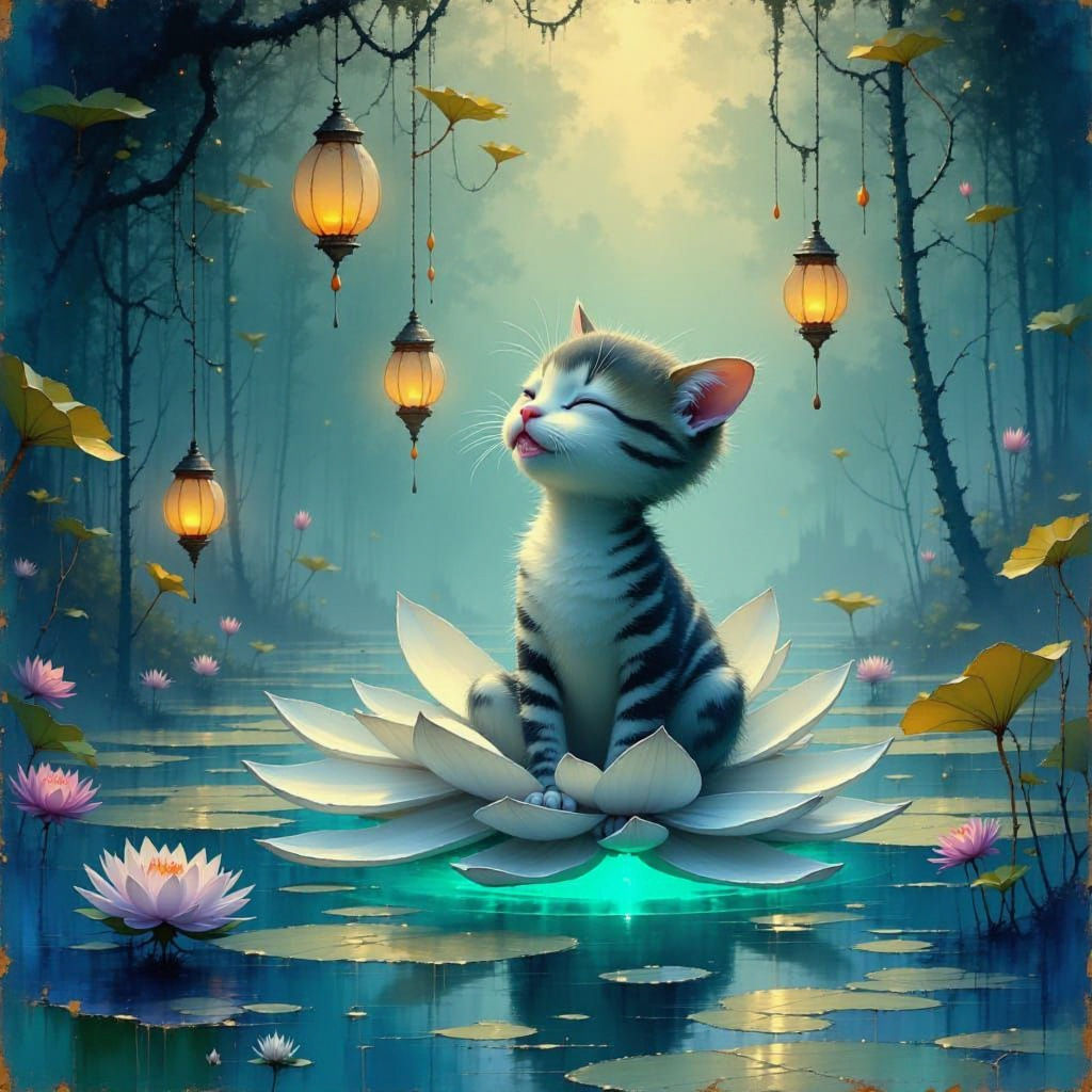 Dreamy Kitten Meditating in Lotus Pond
