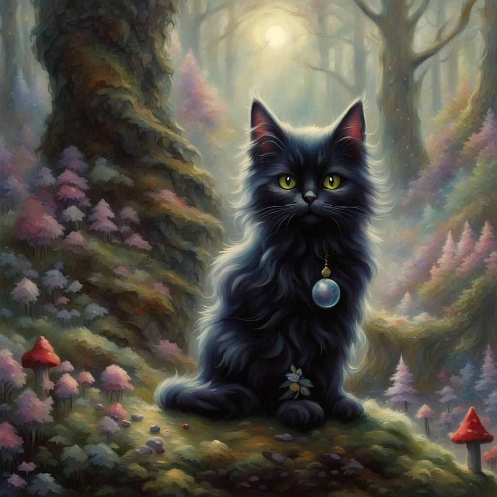 Adorable Black Cat in Ethereal Fantasy Forest