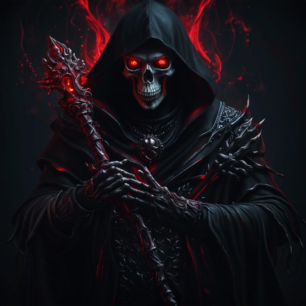 Necromancer in Black Hood Casting Blood Spell