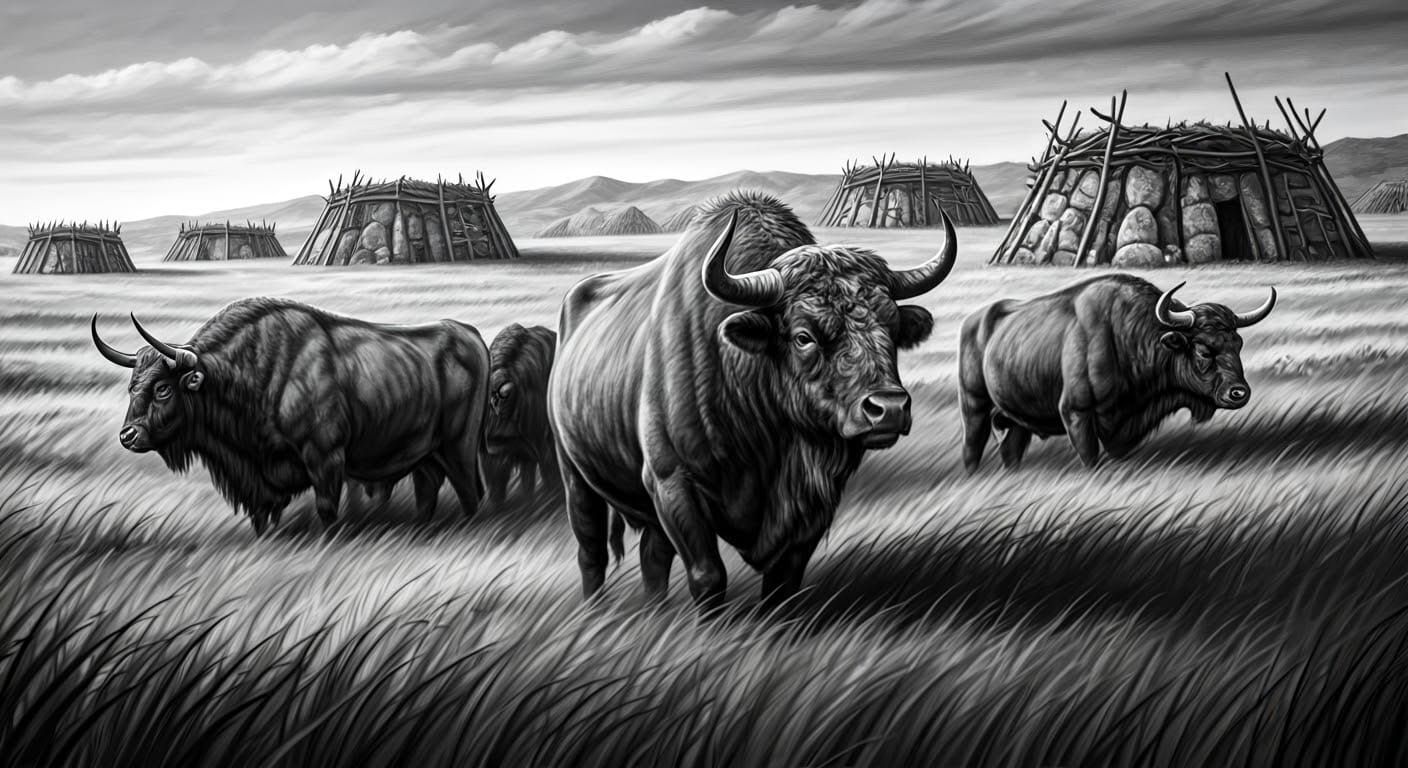 Ancient Aurochs Roam Fertile Plains in Charcoal Drawing