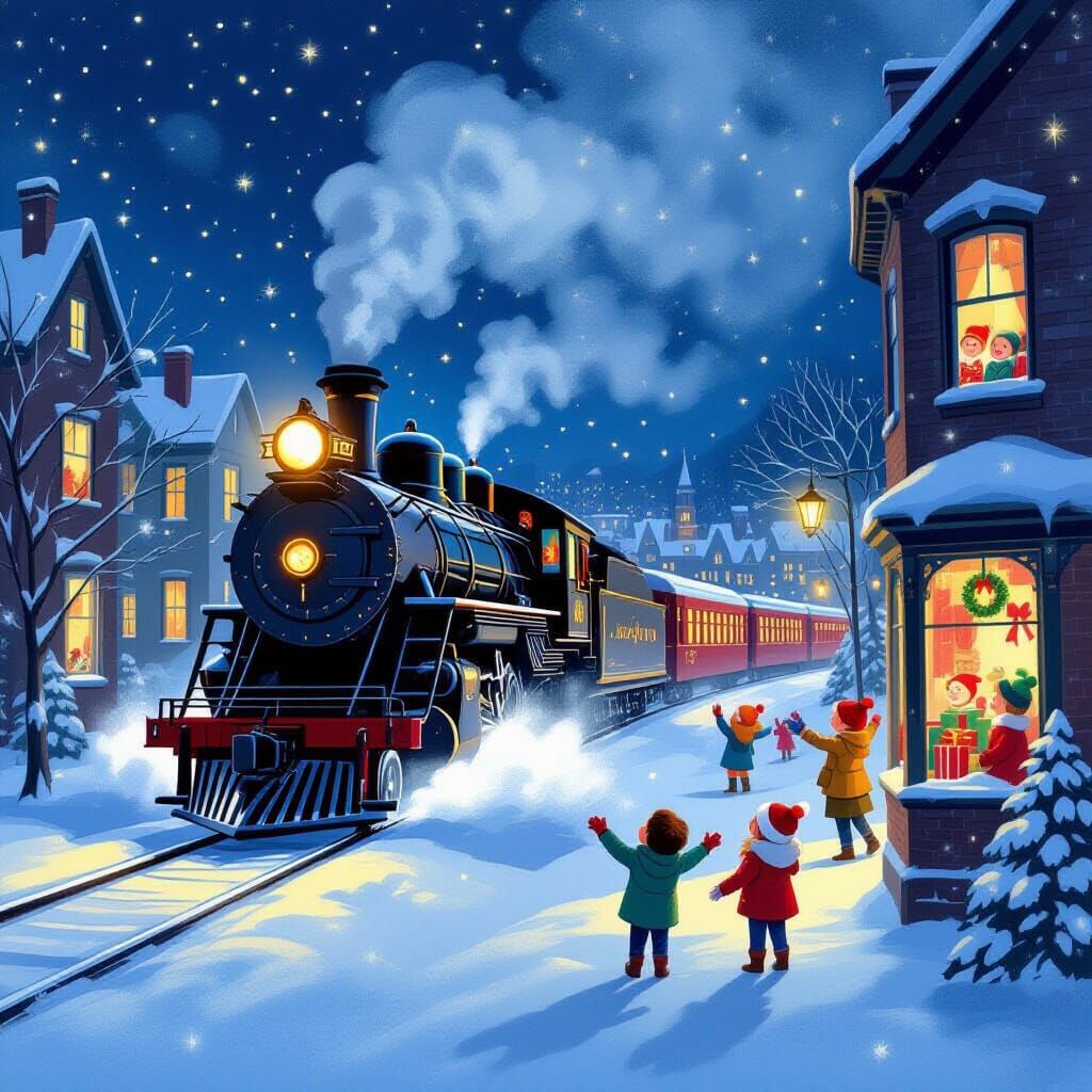 Polar Express Chugs Through Snowy City at Night