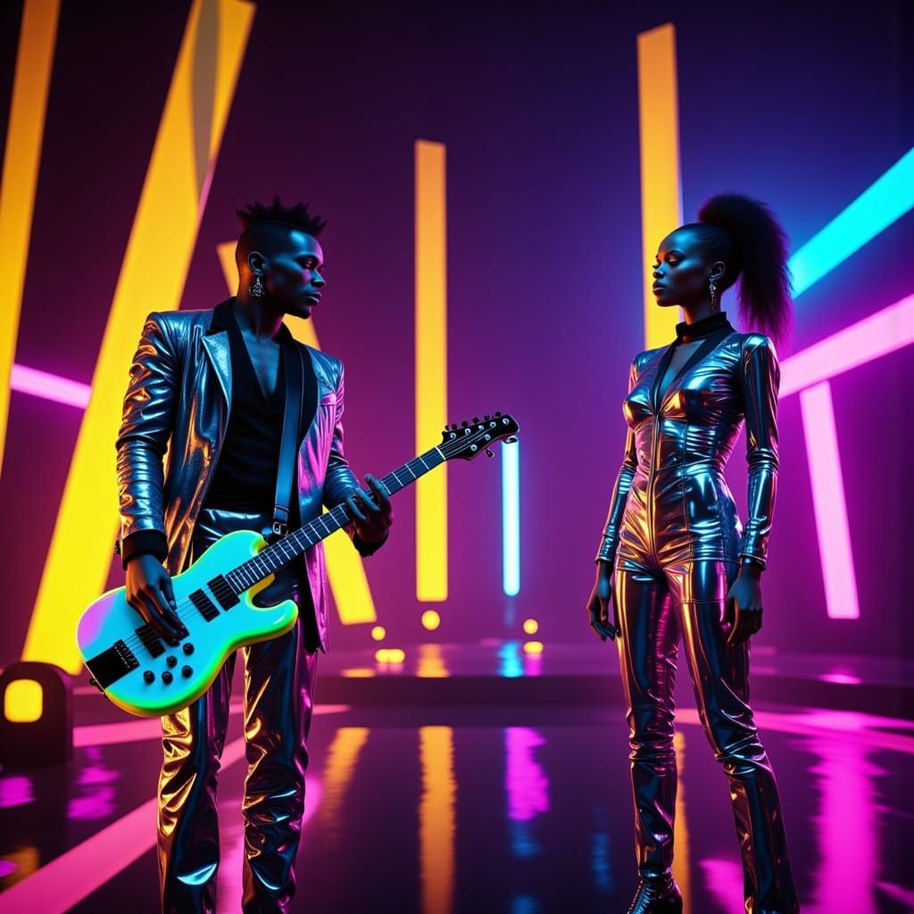 Cyberpunk Bassist in 80s Attire Plays Futuristic Bass, Backe...