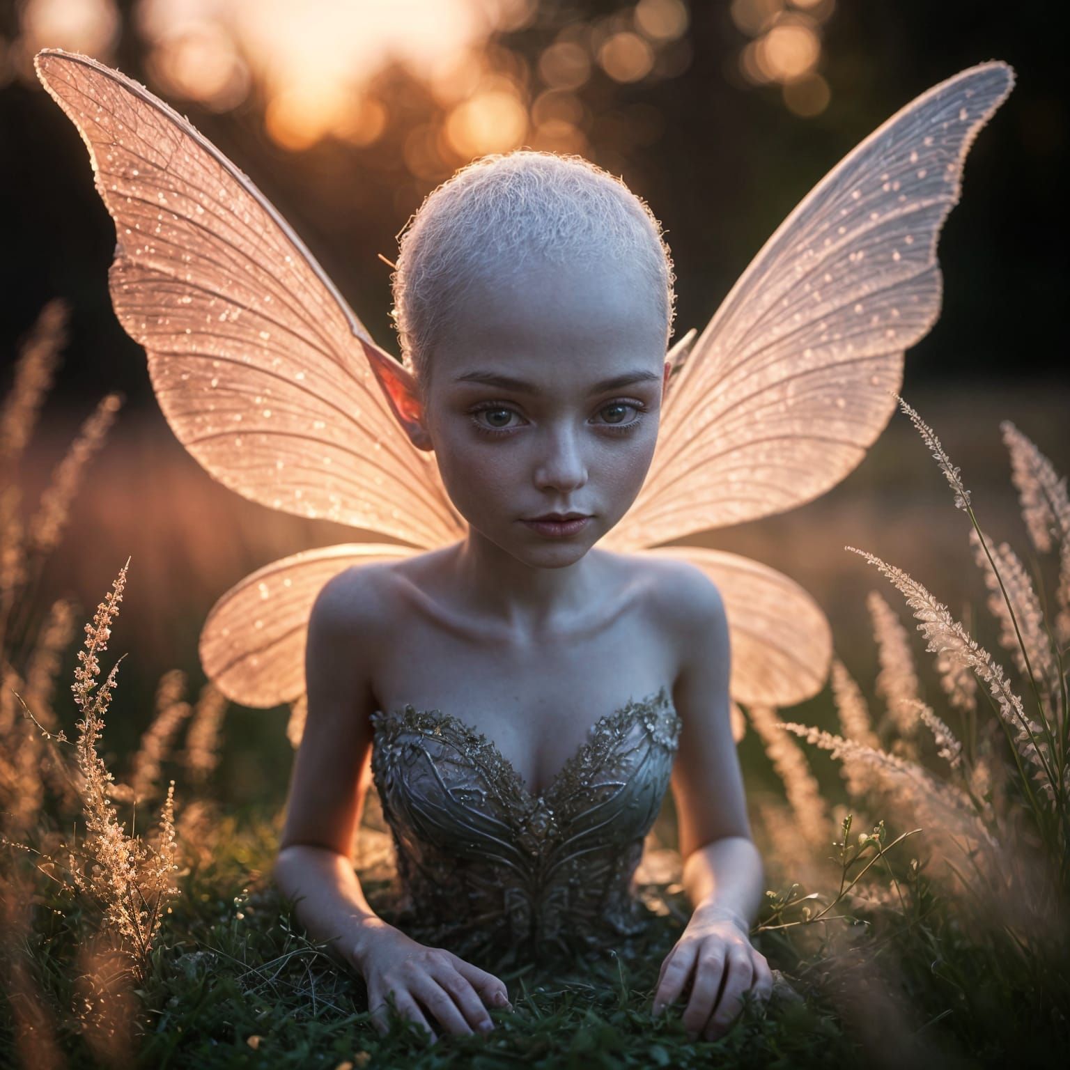 Ethereal Bald Fairy in Twilight Meadow, Whimsical Photo
