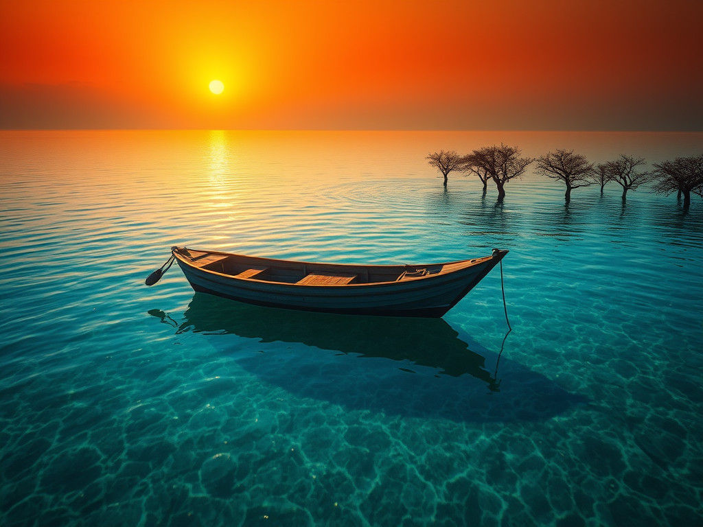 Fiery Sunset Reflections on Lagoon with Lonely Boat