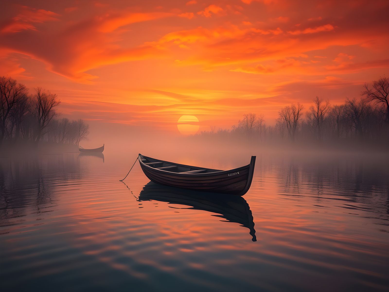 Sunset Lagoon: Fishing Boat in Romanticist Style