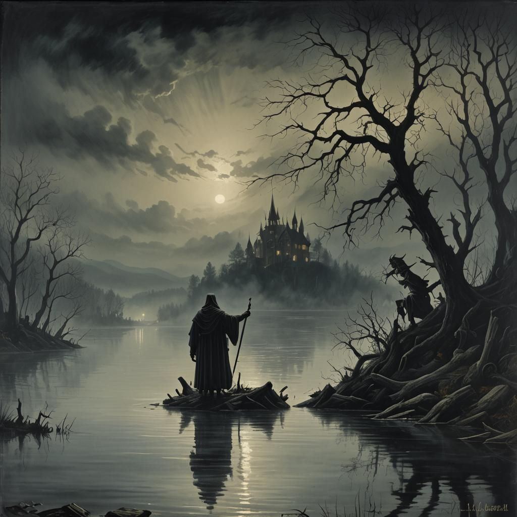 Spooky Foggy Lake at Night: Horror Wall Painting