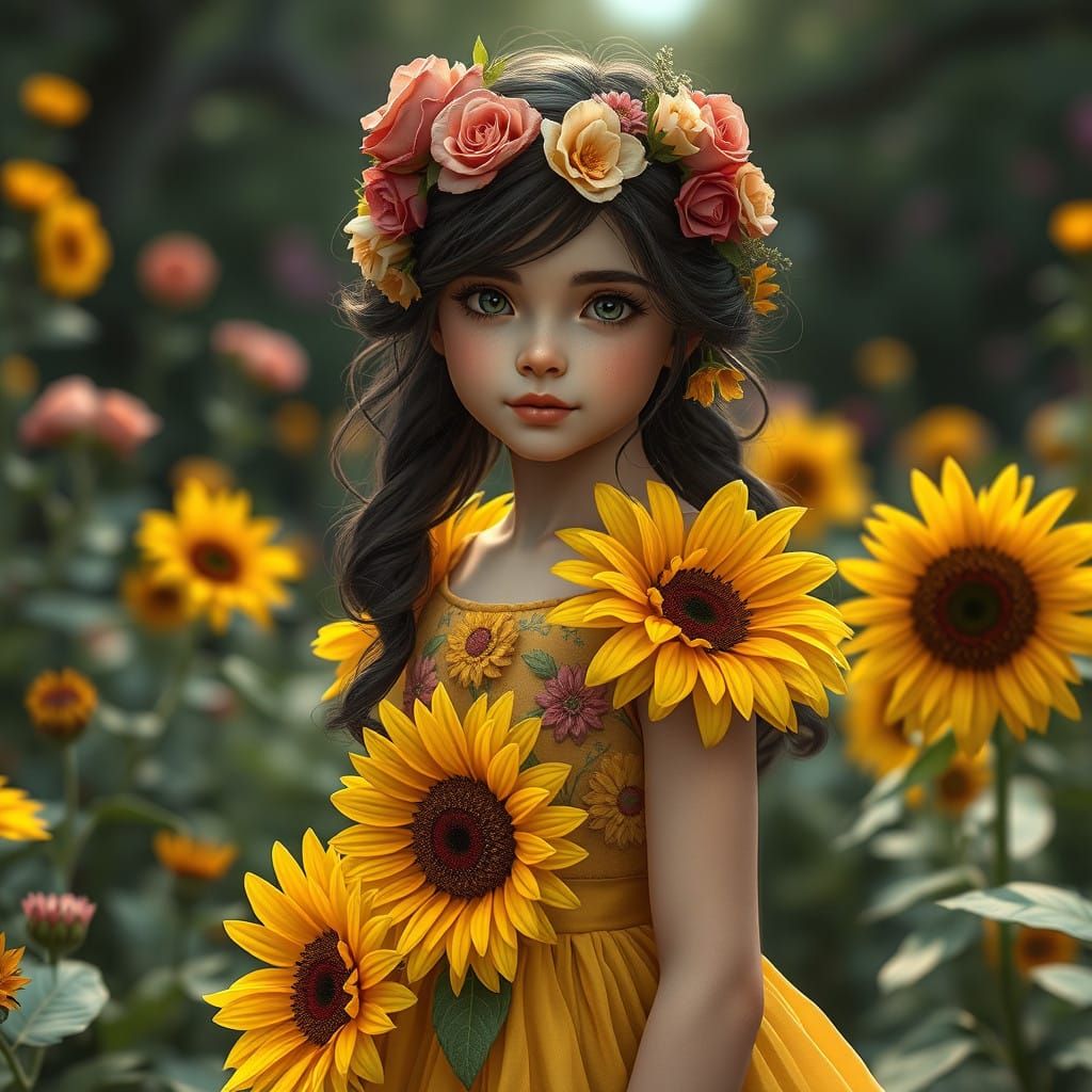 Garden Fairy Dressed in Blooming Sunflowers