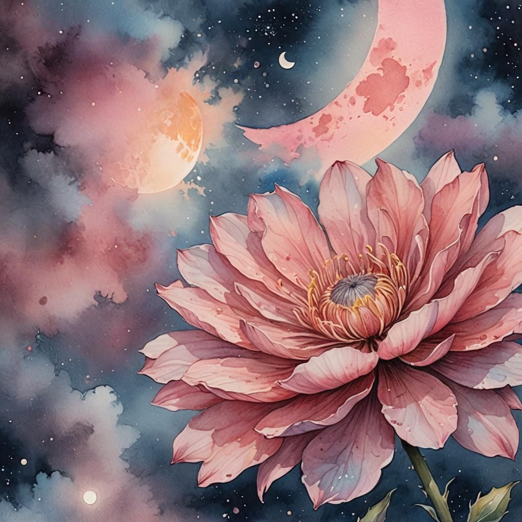 Fading Pink Flower in Pale Blue Night Sky