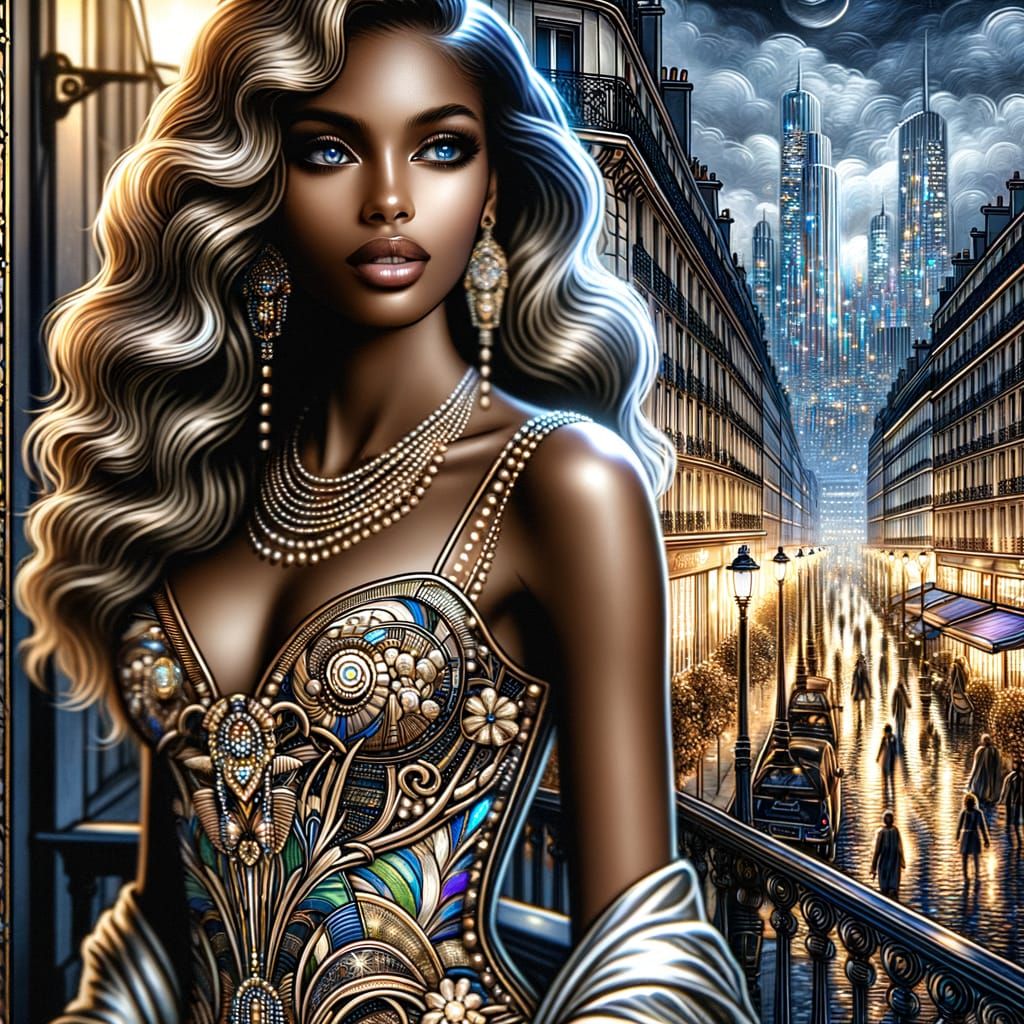 Art Deco Woman on Parisian Balcony at Twilight