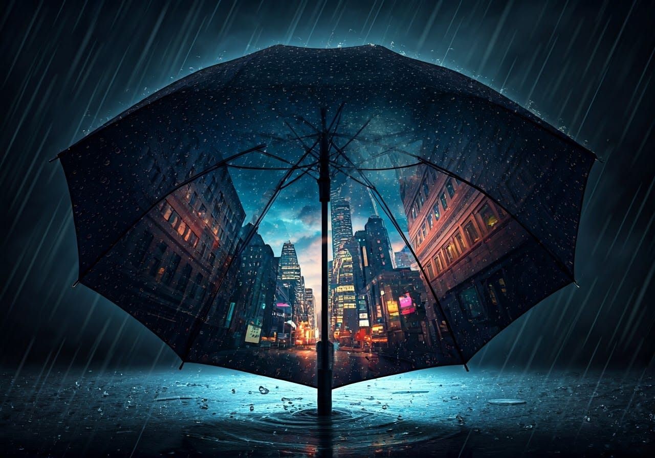 Surreal Double Exposure of Majestic Umbrella in Cityscape