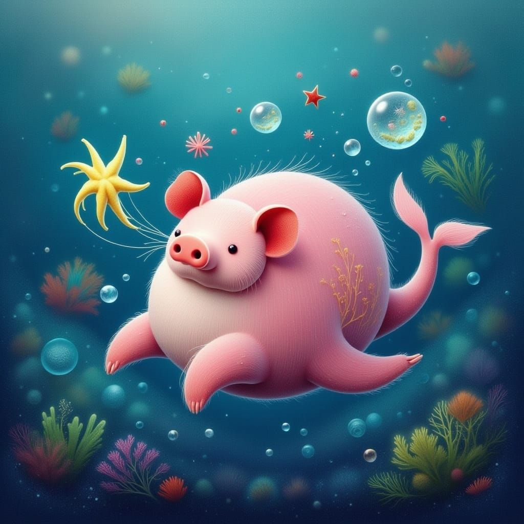 Whimsical Underwater Scene of a Cute Sea Piglet