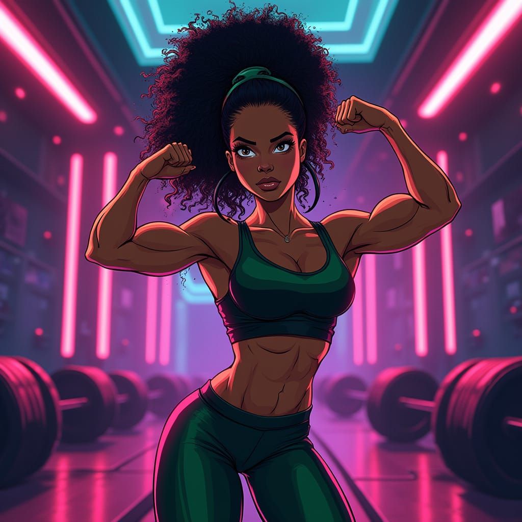Empowered Black Athlete in Neon-Lit Futuristic Gym