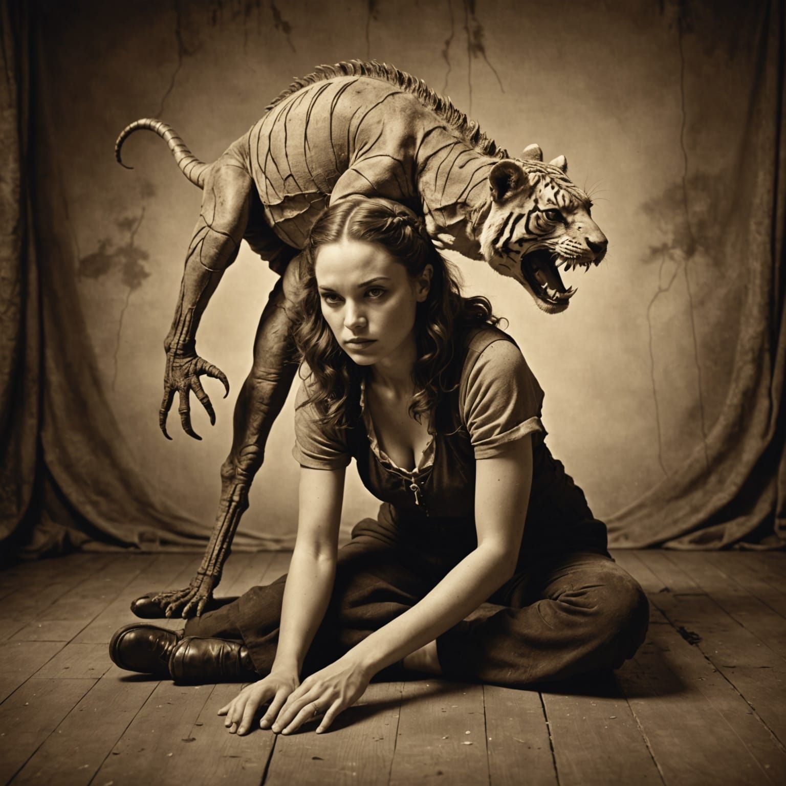 Hyperrealistic Contortionist in Sepia Vintage Photo