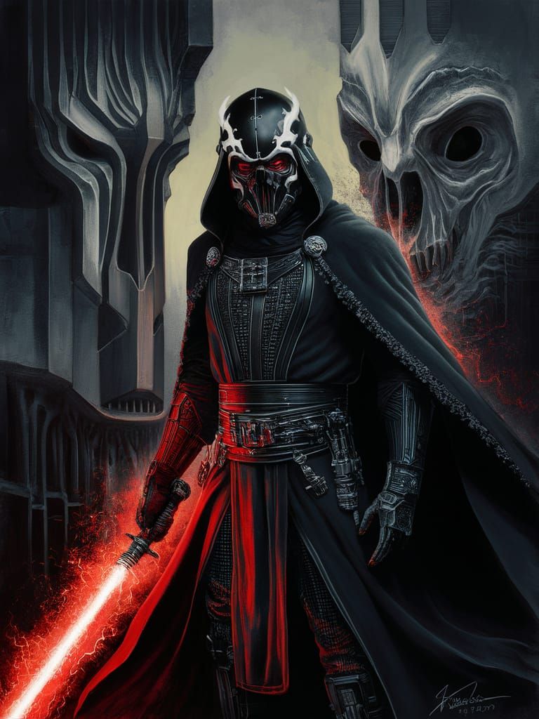 Sith Lord with Red Lightsaber in Dark Fantasy Style