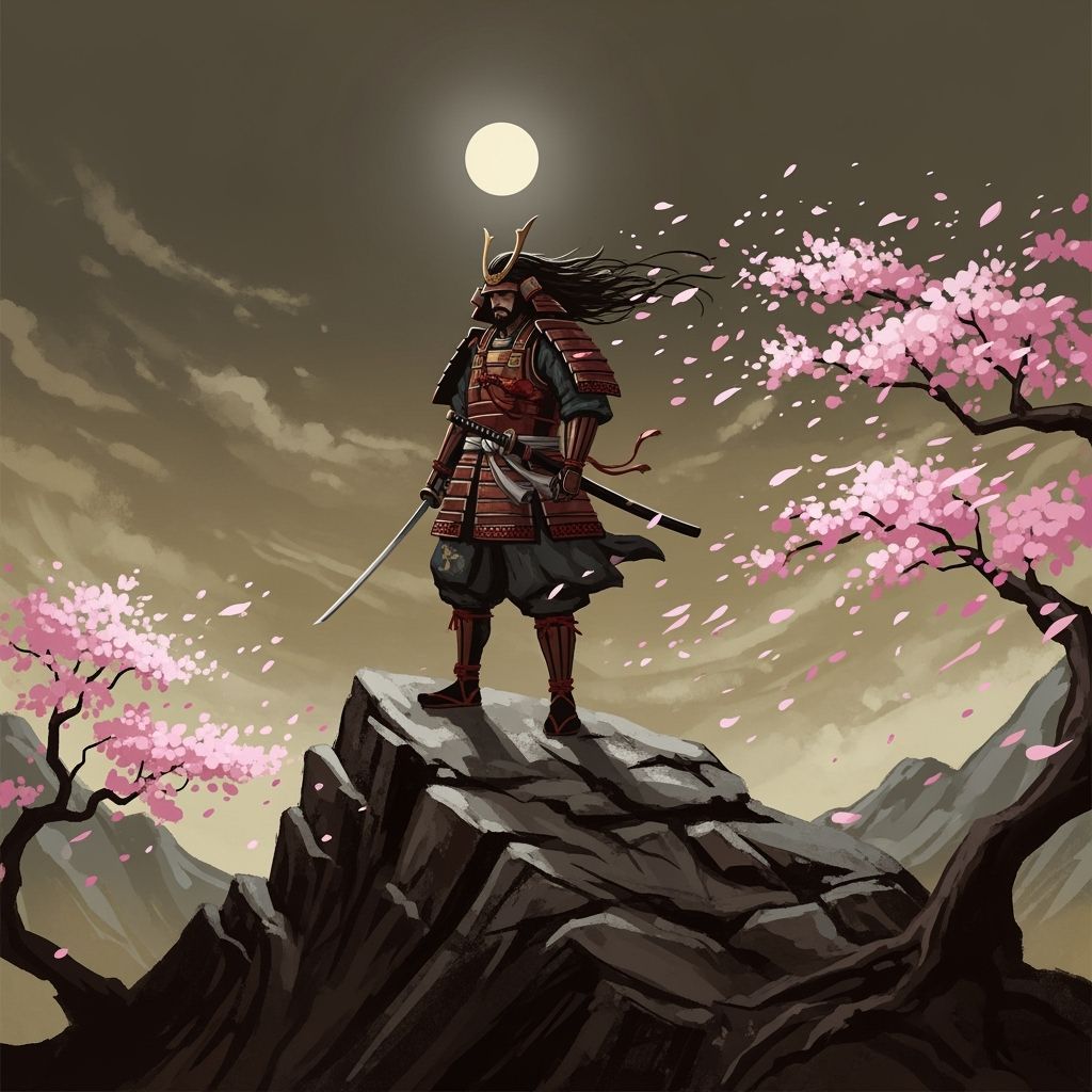 Samurai Warrior on Windswept Peak in Surreal Style