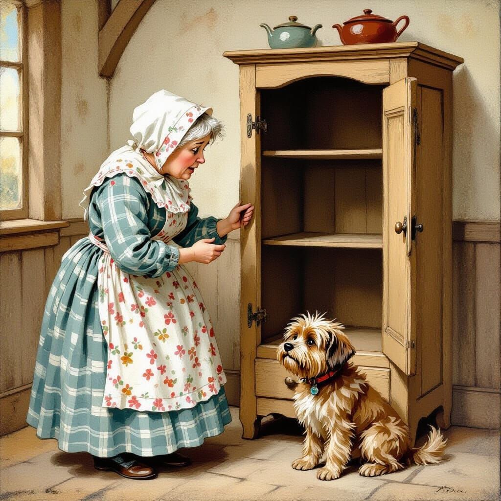 Old Mother Hubbard Distressed Before Empty Cupboard in Folk ...