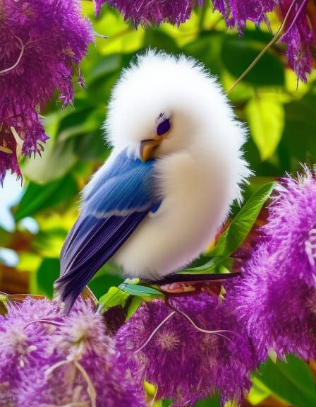 Fluffy Bird Resting in Clematis Vines: Splash Art