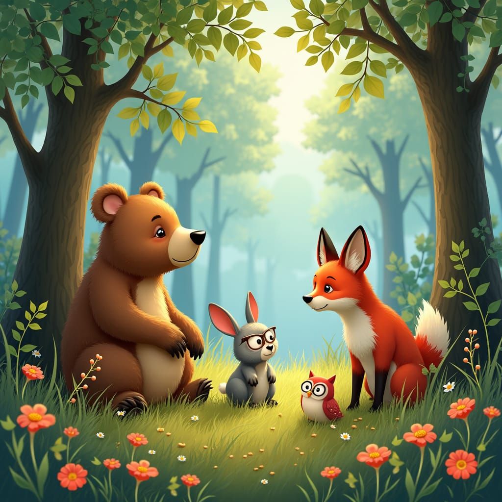 Enchanted Forest: Friends Playing in Dreamlike Illustration