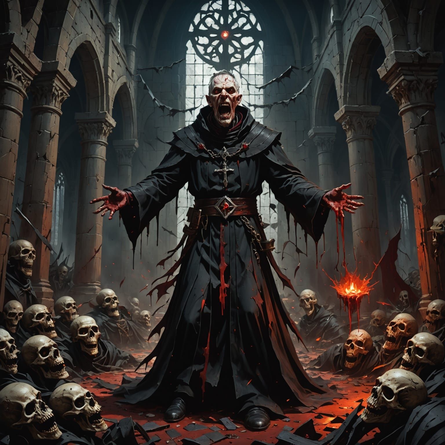 Terrifying Bloody Eyed Priest in Ruined Chapel