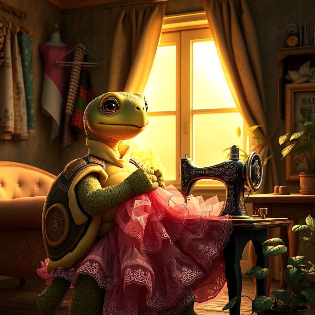 Whimsical Tortoise Seamstress in Vintage Attire
