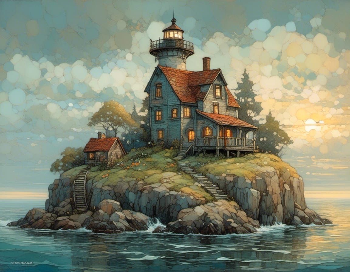 Lighthouse and Cottages, Intricate Whimsical Illustration