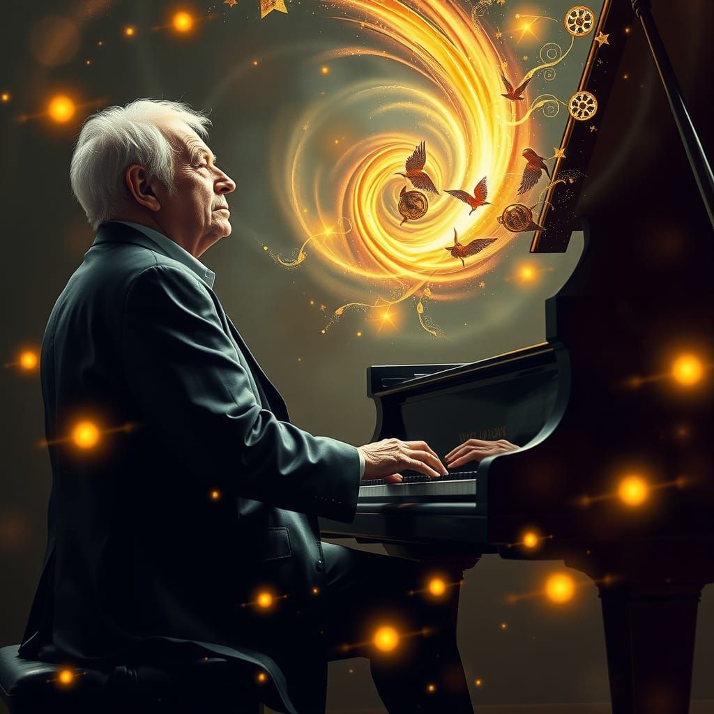 Elderly man playing piano with eyes closed, surrounded by floating memories