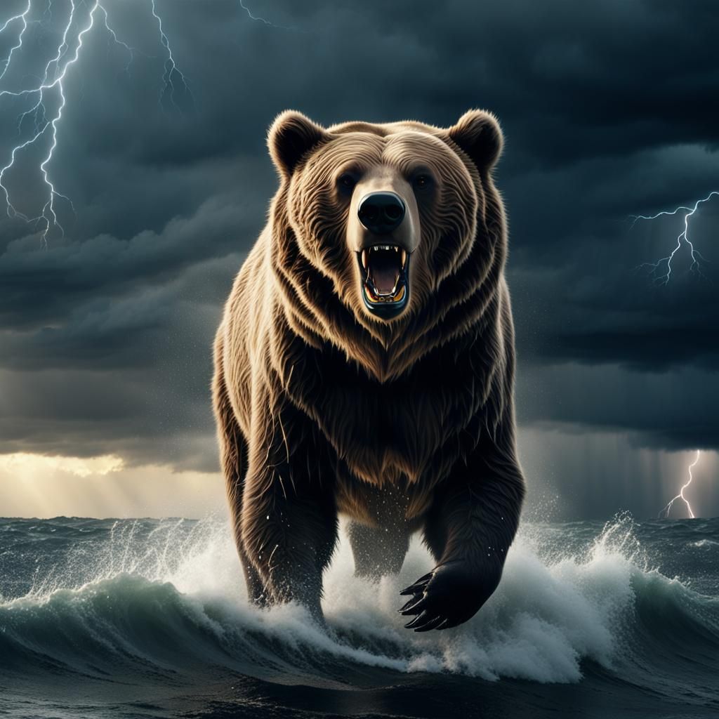 Grizzly Bear in Stormy Seas: Cinematic Apocalyptic Scene