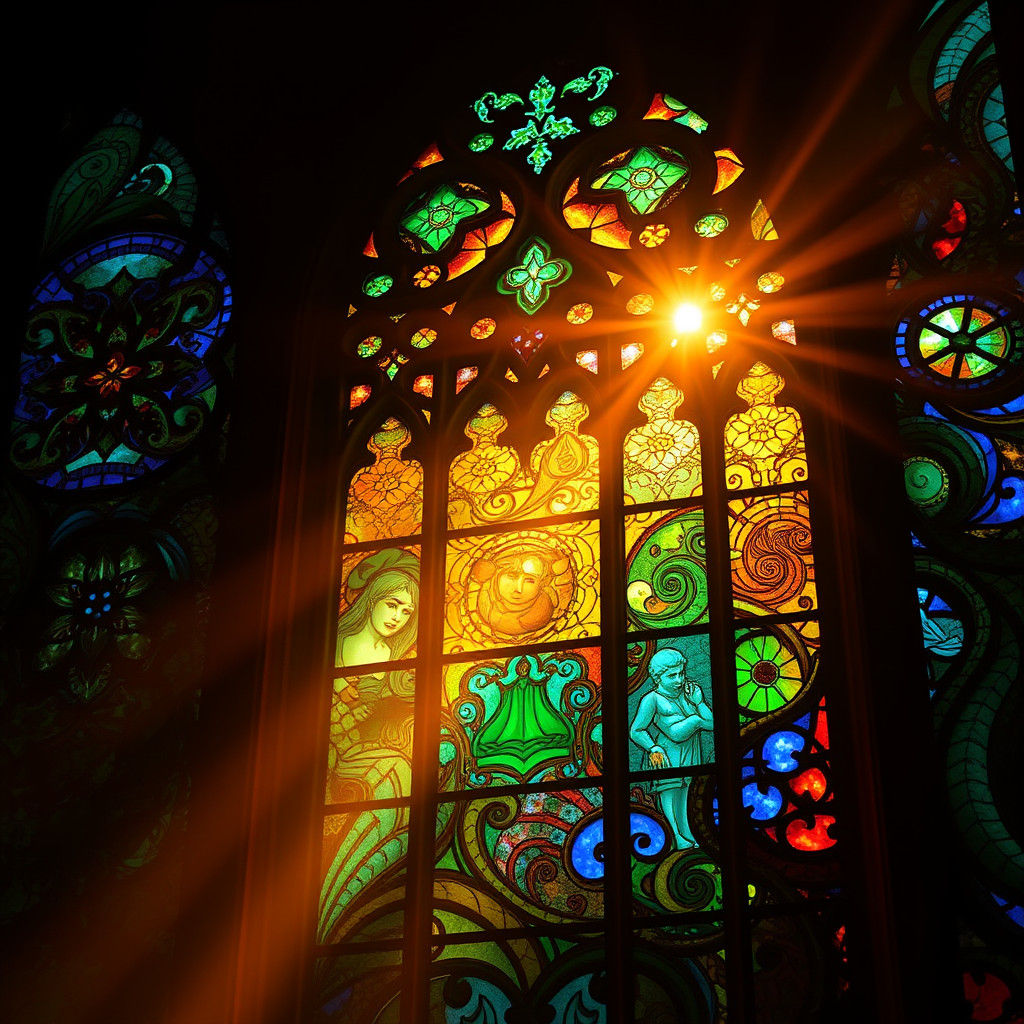 Stained Glass Window with Sunlight and Kaleidoscopic Hues