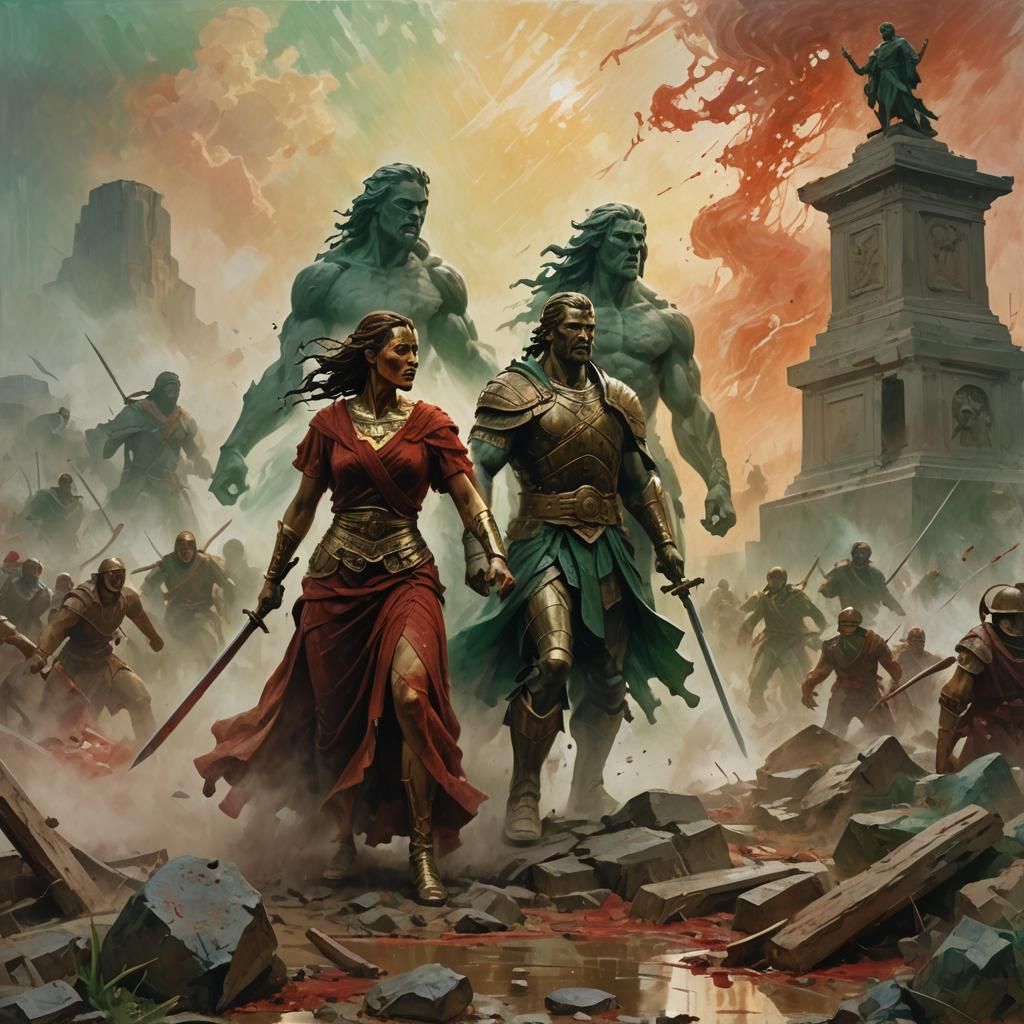 Bloody Woman Statue Confronts Hero: Impressionist Art