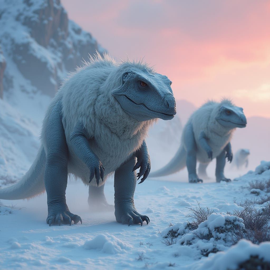 Raptors Journey Across Frozen Glacier at Dusk