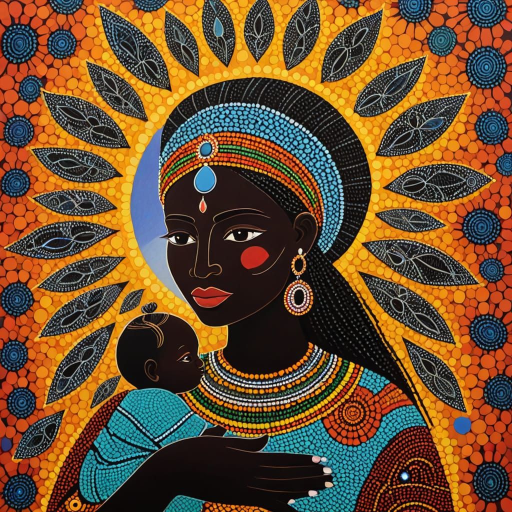 Whimsical Aboriginal Dot Art Mother and Baby