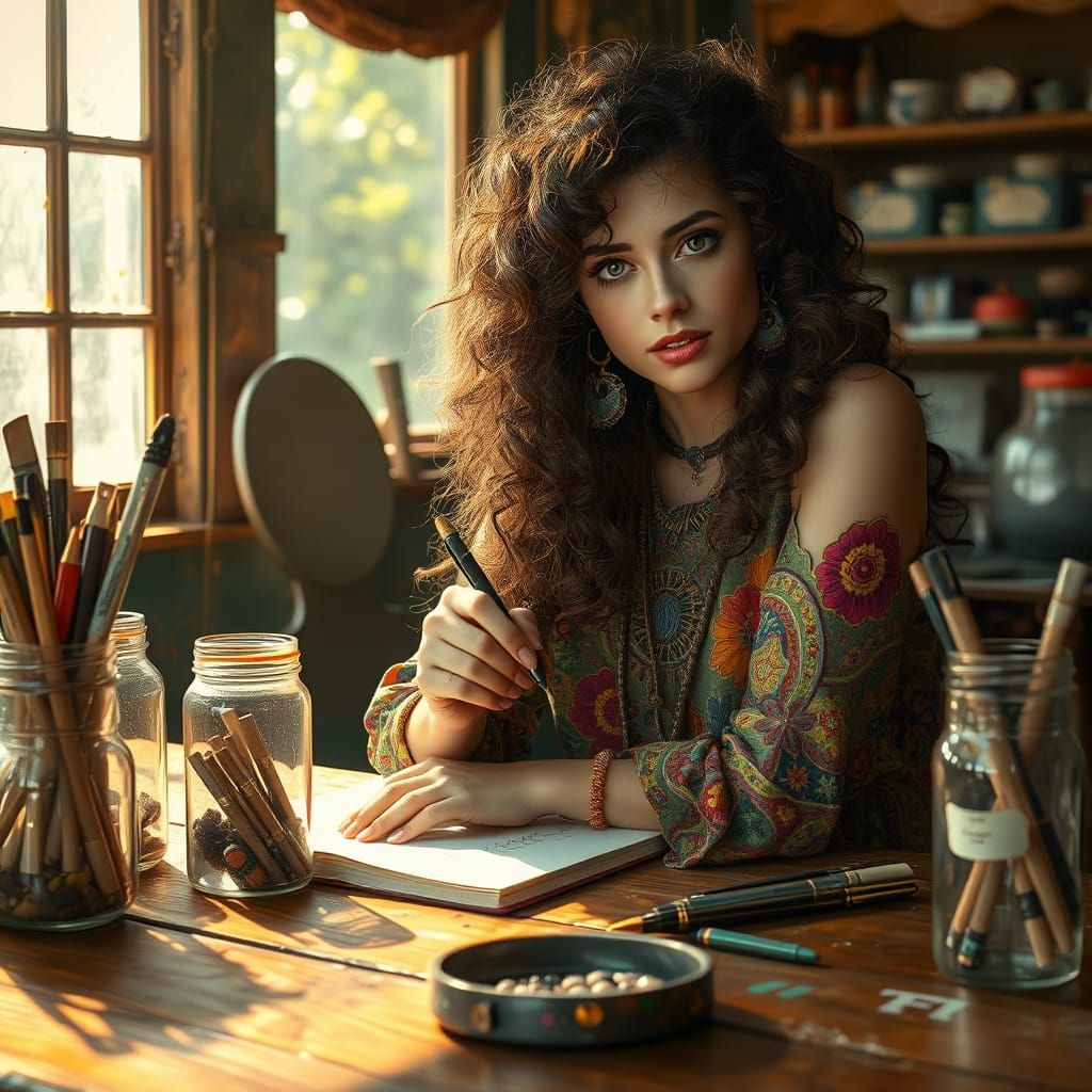 A woman with long, curly hair and a vibrant, bohemian outfit...