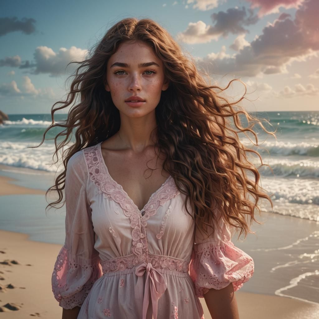 Beautiful Woman on Beach in Detailed Matte Painting