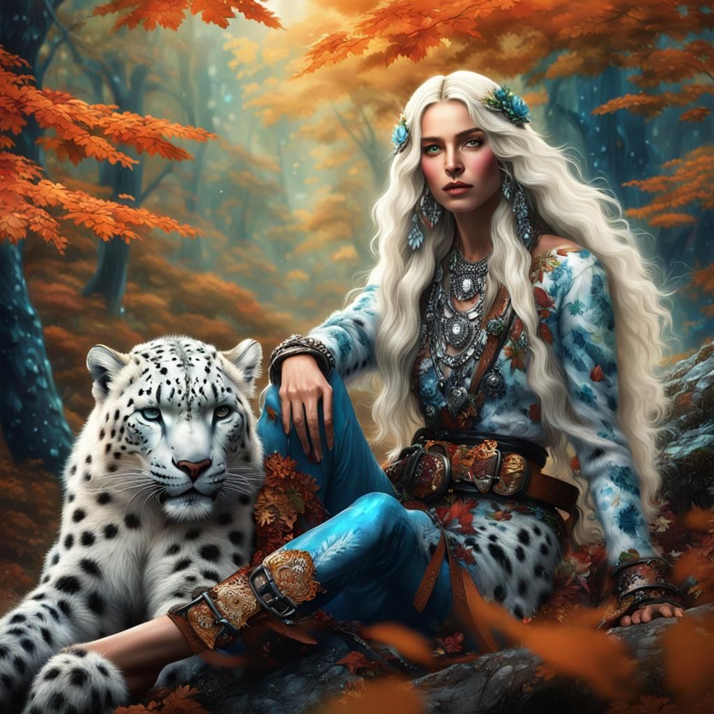 Woman on Snow Leopard in Fantasy Forest