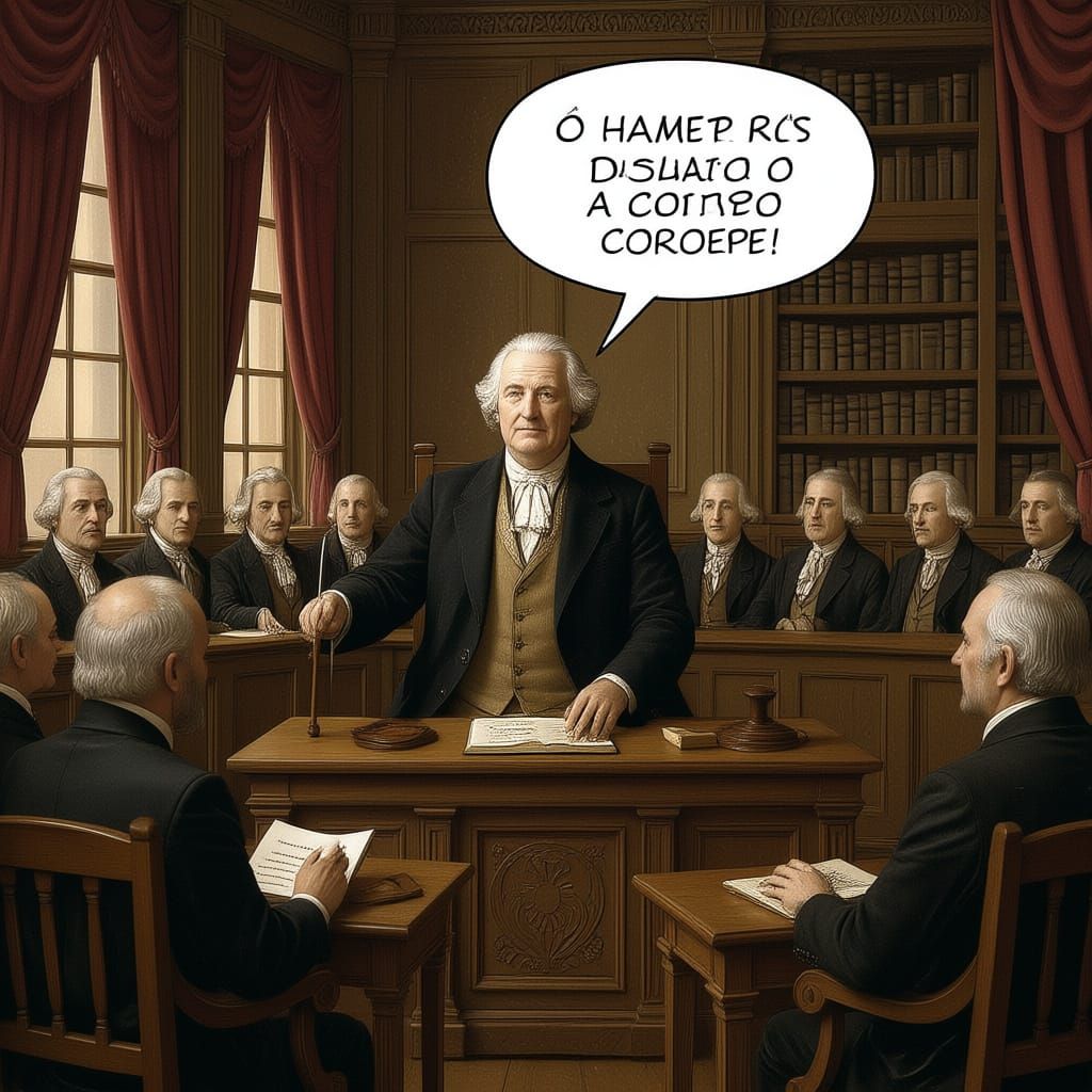 18th Century Courtroom Comic Scene in Sepia and Gold