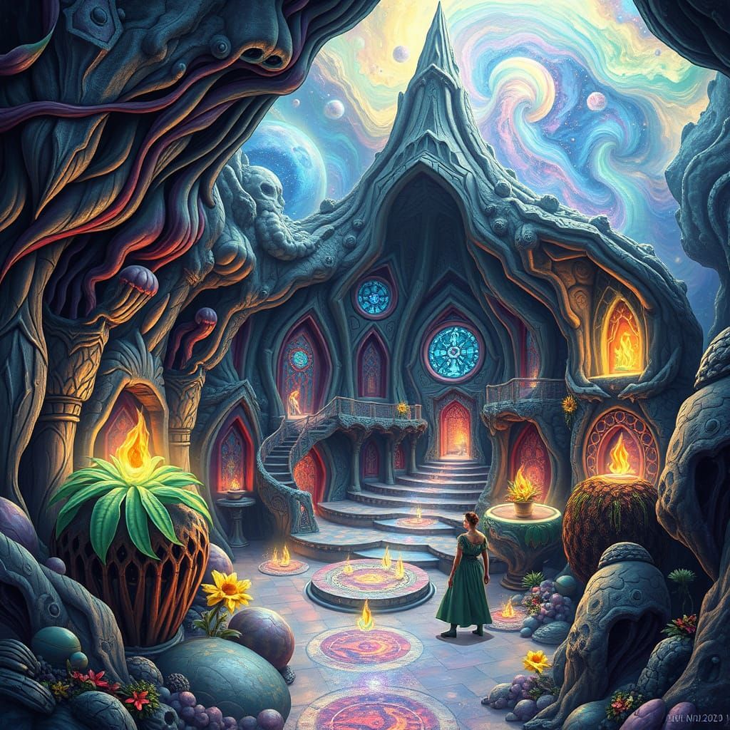 Cosmic Supervillain Lair Illustration in Mixed Media Style