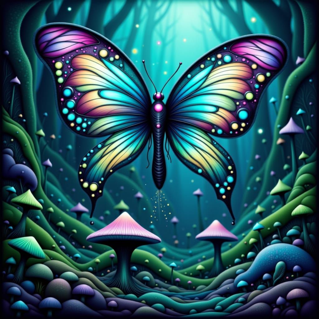 Iridescent Butterfly on Glowing Mushroom in Bioluminescent F...