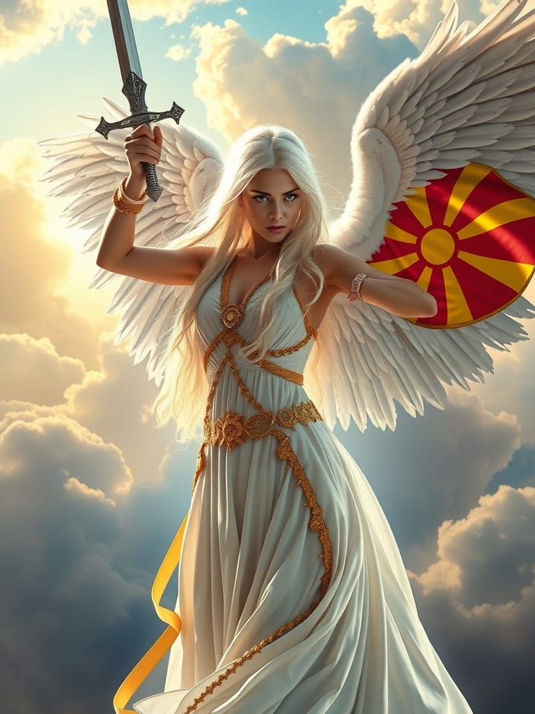 Menacing Angel Waving Macedonian Flag in Digital Art