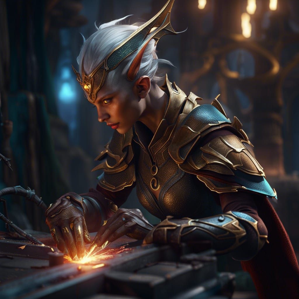 Light Elf Welding: Detailed Fantasy Concept Art