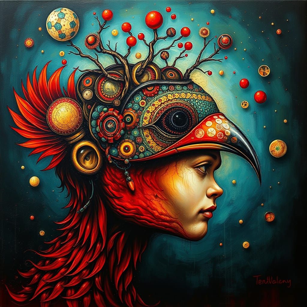 Whimsical Surrealist Scene with Red Oil Painting and Aborigi...