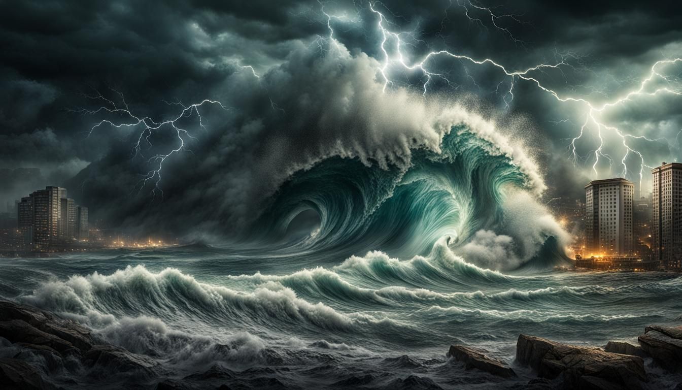 Epic Tsunami Wave Approaching City in Storm
