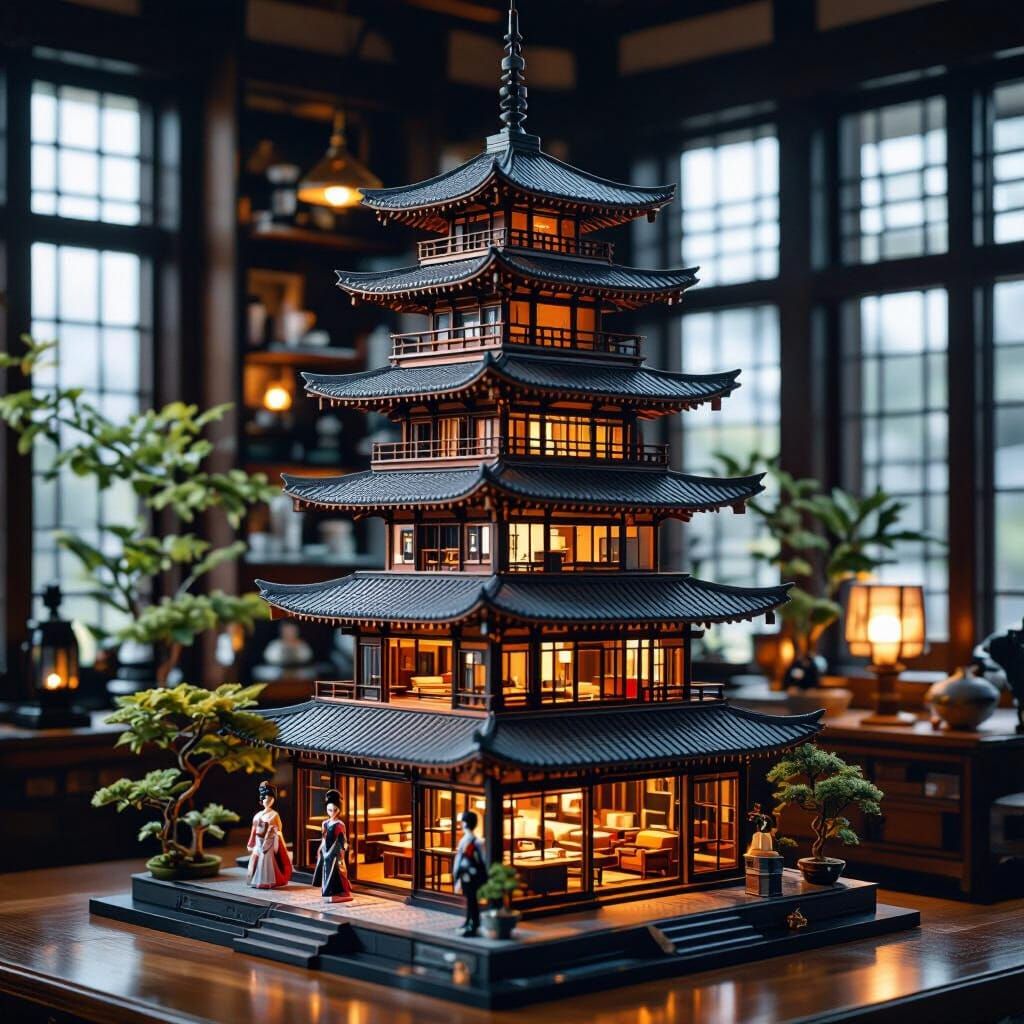 Futuristic Pagoda Dollhouse with Avant-Garde Dolls