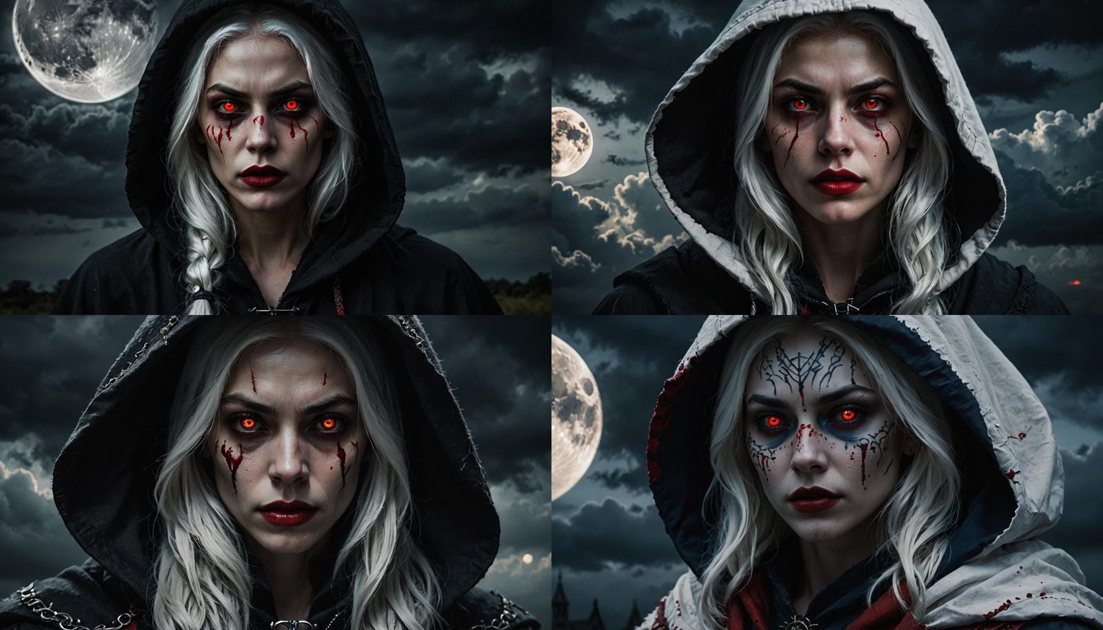 Hooded Woman with Red Eyes Under Full Moon