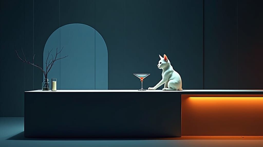Sophisticated Cat Sipping Martini in Minimalist Bar