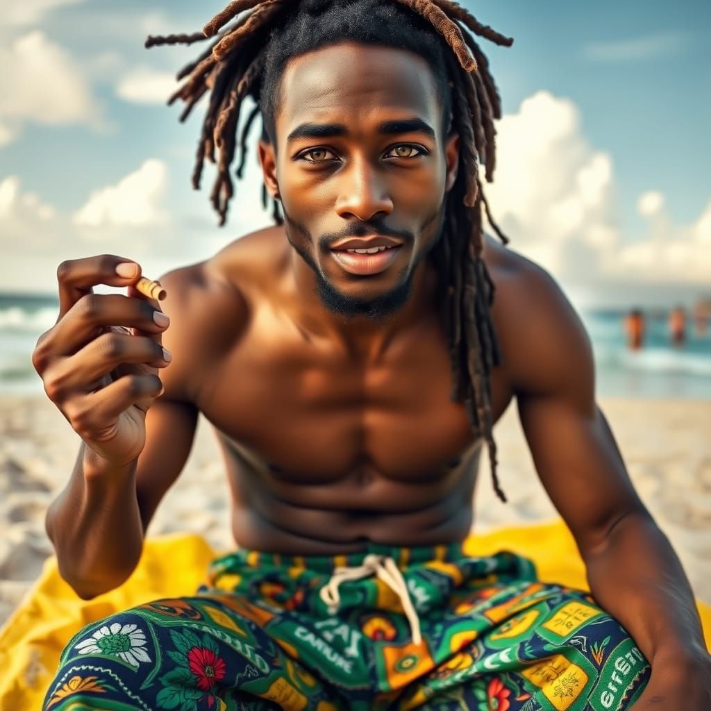 Jamaican Man on Beach in Vibrant Kente Fabric